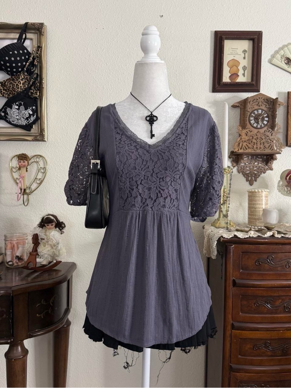 Whimsigoth fairy grunge dainty dark purple lace babydoll top